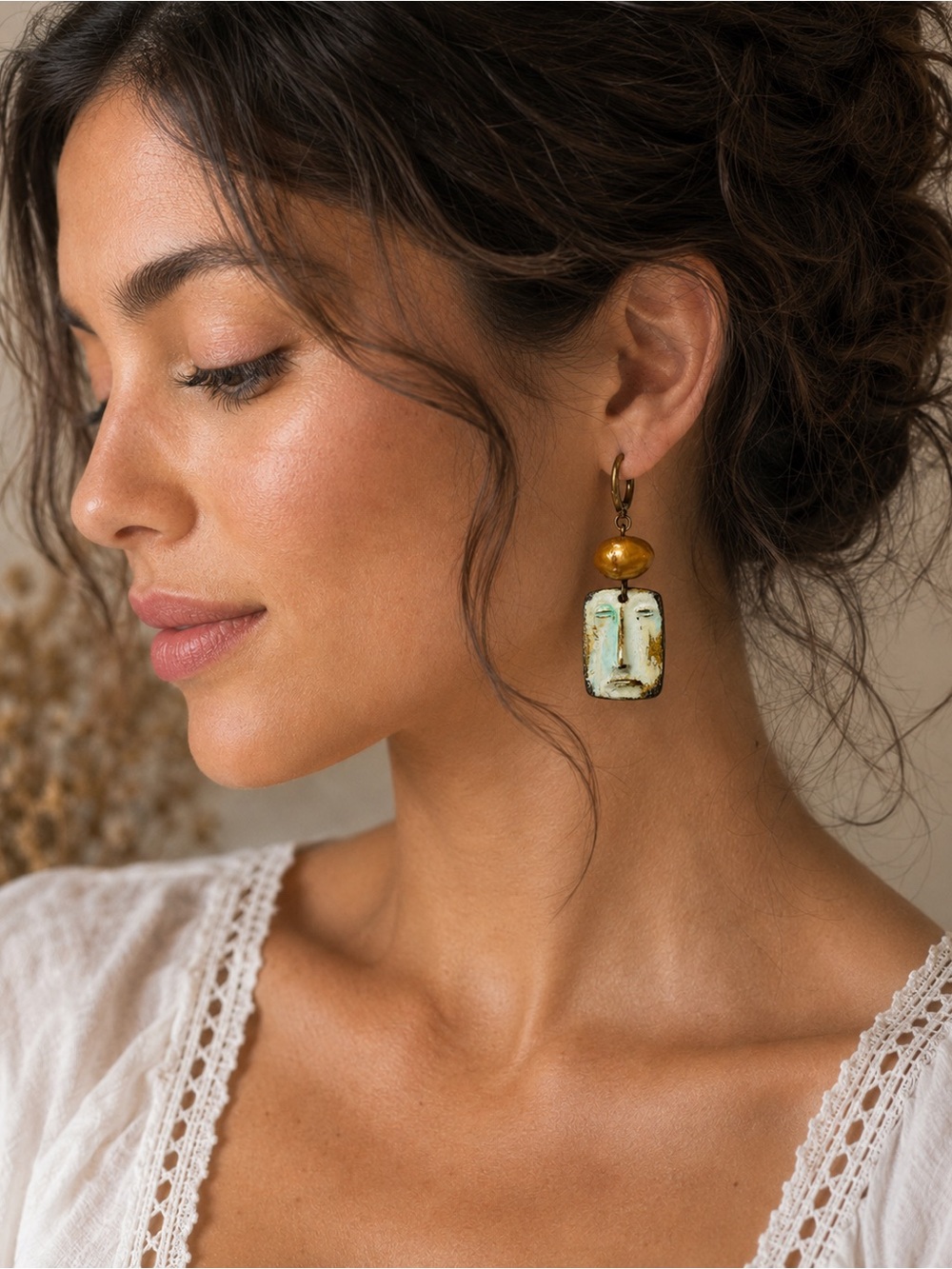 Artisan Face Earrings Freshwater Pearl Bronze Dangles Handmade Statement Jewelry - Picture 3 of 10